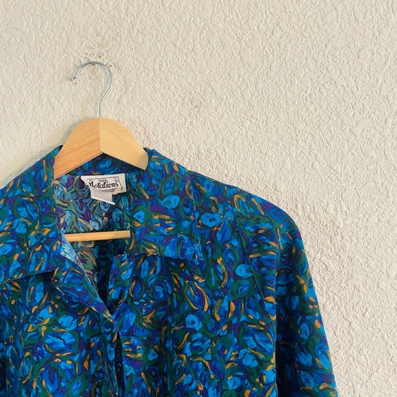 Vintage Notations Blue Jewel Tones Button Up Blouse - Picture 8 of 9